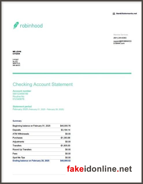 Robinhood Editable Word Bank Statement